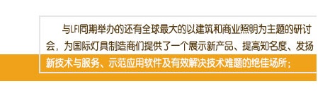 与LFI同期举办的还有全球最大的以建筑和商业照明为主题的研讨会，为国际灯具制造商们提供了一个展示新产品、提高知名度、发扬新技术与服务、示范应用软件及有效解决技术难题的绝佳场所；