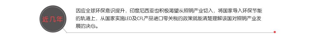 近几年，因应全球环保意识提升，印度尼西亚也积极渴望从照明产业切入，将国家导入环保节能的轨道上，从国家实施LED及CFL产品进口零关税的政策就能清楚理解该国对照明产业发展的决心。