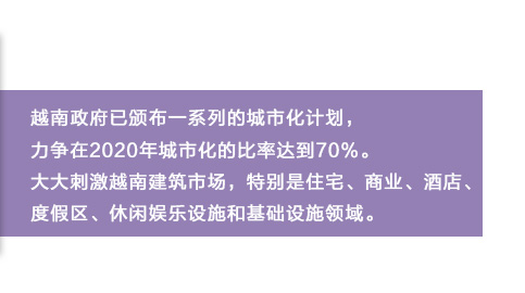 越南政府已颁布一系列的城市化计划，力争在2020年城市化的比率达到70%。大大刺激越南建筑市。乇鹗亲≌、商业、酒店、度假区、休闲娱乐设施和基础设施领域。