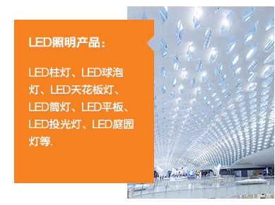 ?	LED照明产品：LED柱灯、LED球泡灯、LED天花板灯、LED筒灯、LED平板、LED投光灯、LED庭园灯等。